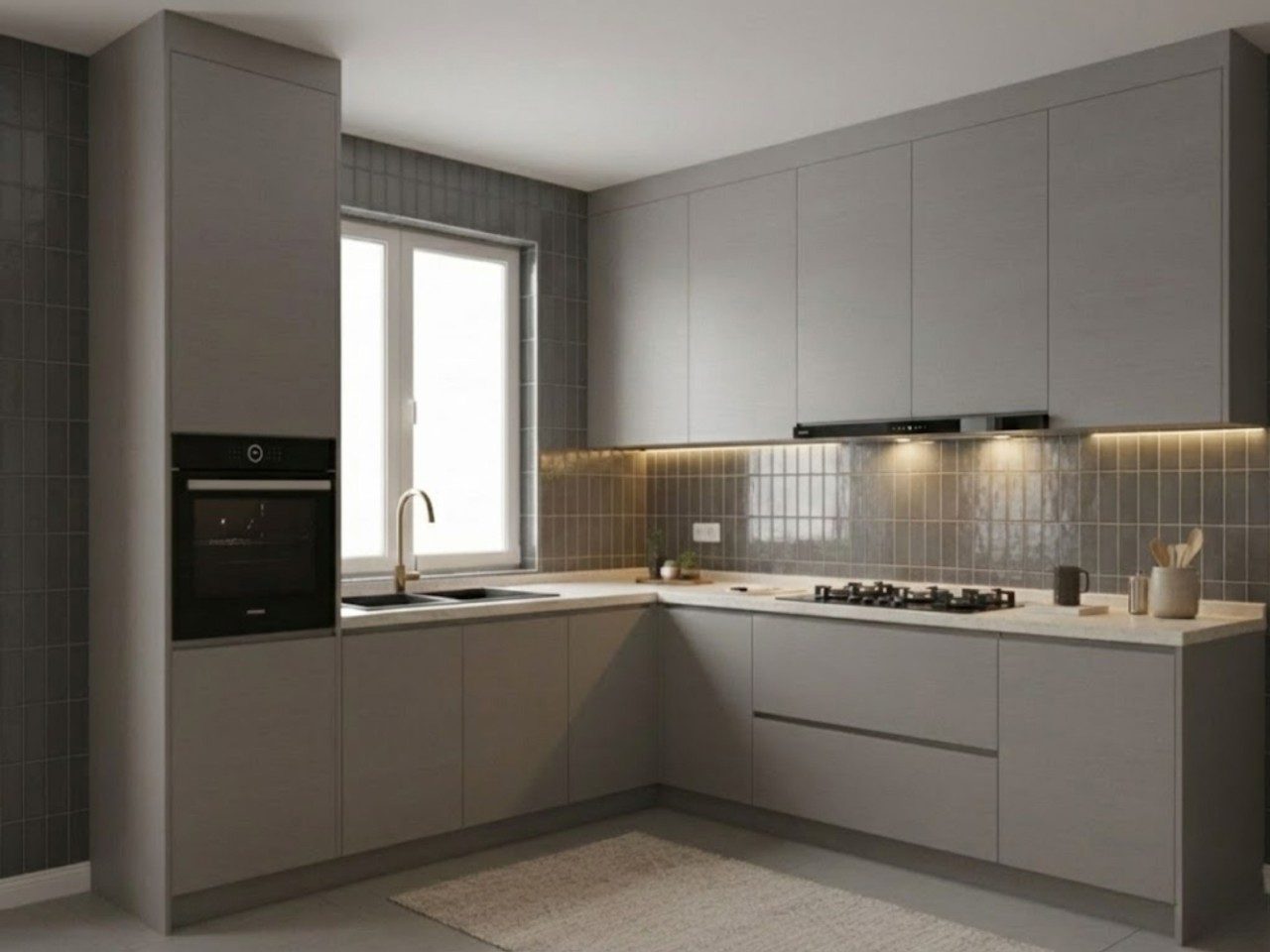 Contemporary kitchen with modular cabinets L-shaped kitchen with grey cabinets and marble countertop - Beautiful Homes