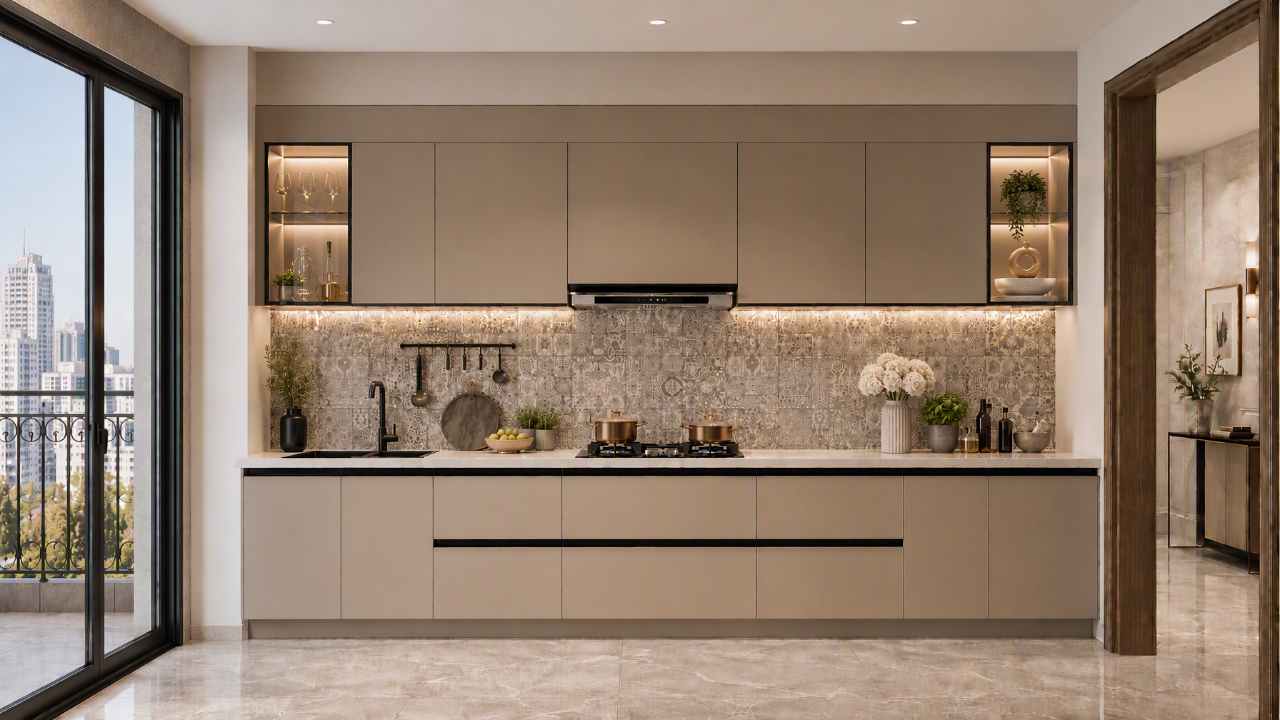 Elegant Beige Kitchen with Textured Designer Charm Modern kitchen with matte beige handleless cabinets, a white marble countertop and a patterned tile backsplash - Beautiful Homes