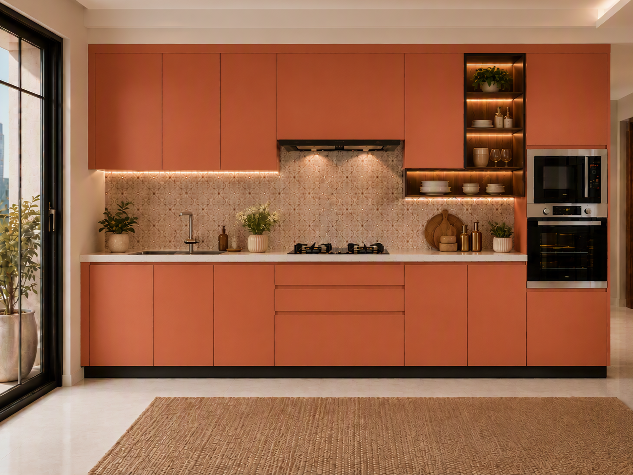 Terracotta Orange Modular Kitchen with Integrated Appliances and Display Shelves Modern terracotta orange modular kitchen featuring a patterned tile backsplash and illuminated open shelving - Beautiful Homes