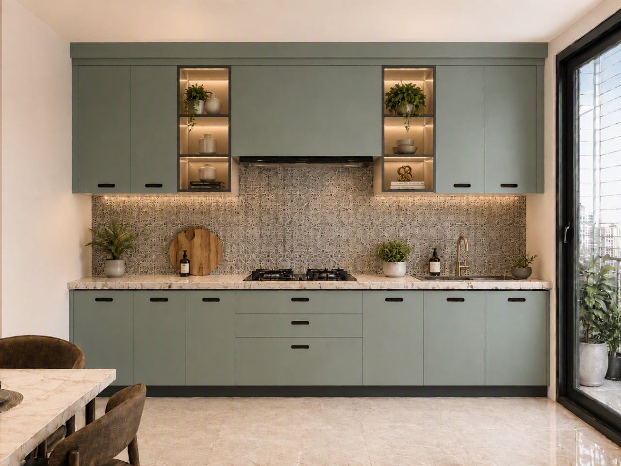 Sage Green Modular Kitchen with Patterned Backsplash and Display Niches Modern straight sage green modular kitchen featuring illuminated open display shelving and a patterned tile backsplash - Beautiful Homes