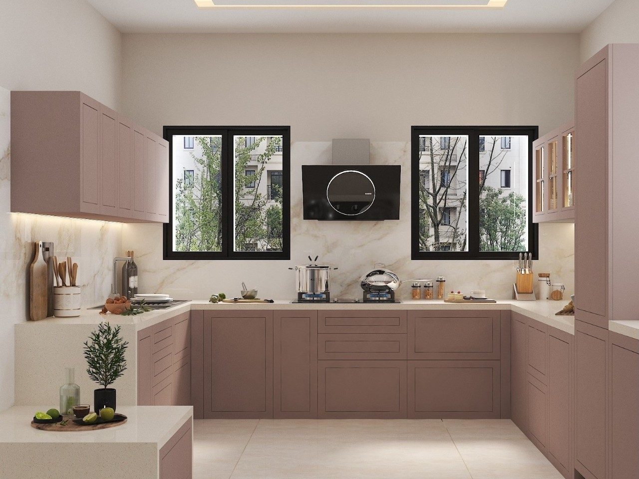 Elegant Kitchen with Marble Backsplash Contemporary U-shaped kitchen with dusty rose cabinets, marble accents, and warm under-cabinet lighting - Beautiful Homes