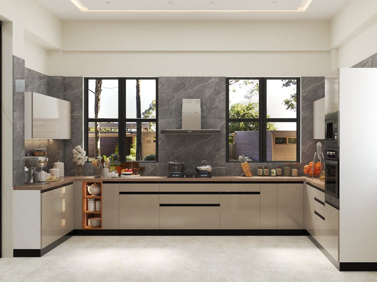 Elegant Kitchen with Marble Backsplash Contemporary U-shaped kitchen featuring glossy cabinets, marble walls, and natural light - Beautiful Homes