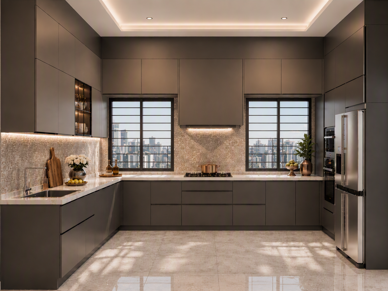 Charcoal Grey U-Shaped Modular Kitchen with Terrazzo Backsplash Modern U-shaped charcoal grey modular kitchen with terrazzo stone backsplash and integrated appliances - Beautiful Homes