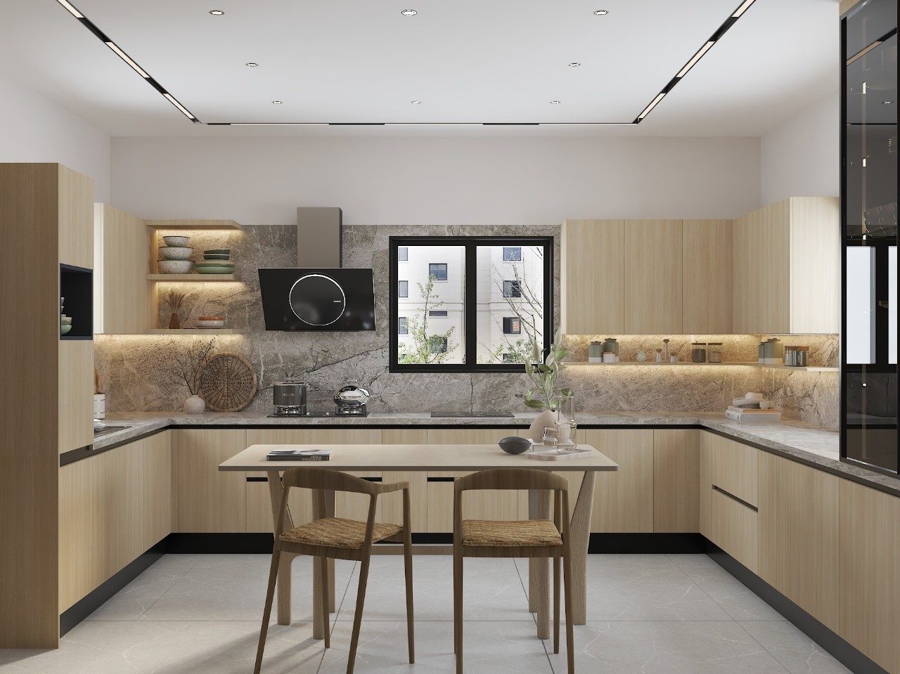 Elegant Kitchen with Marble Accents Contemporary U-shaped kitchen with light wood cabinets, marble surfaces, and a dining area - Beautiful Homes