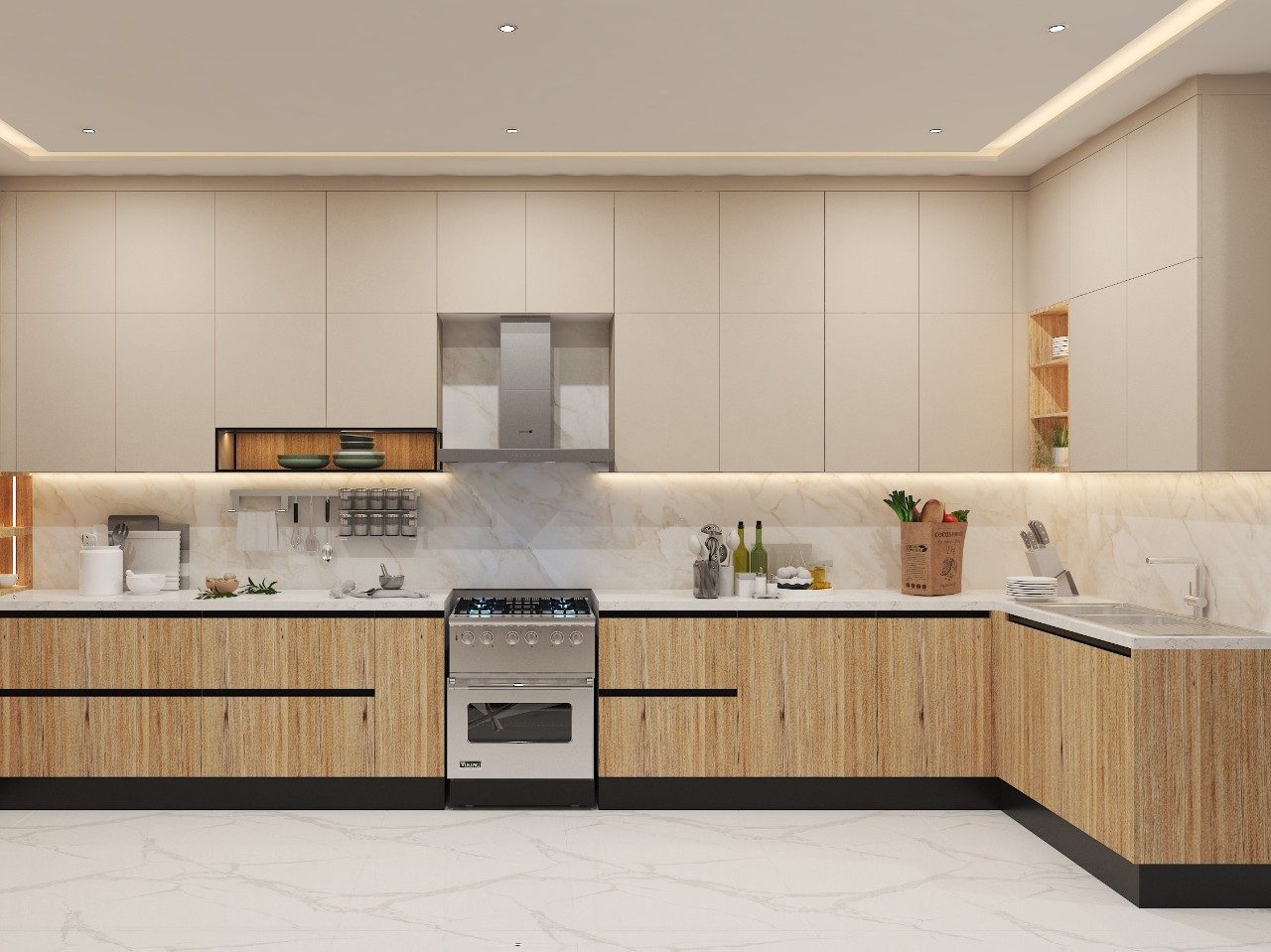 Contemporary L-shaped kitchen featuring light wood cabinets, marble backsplash, and stainless steel appliances - Beautiful Homes