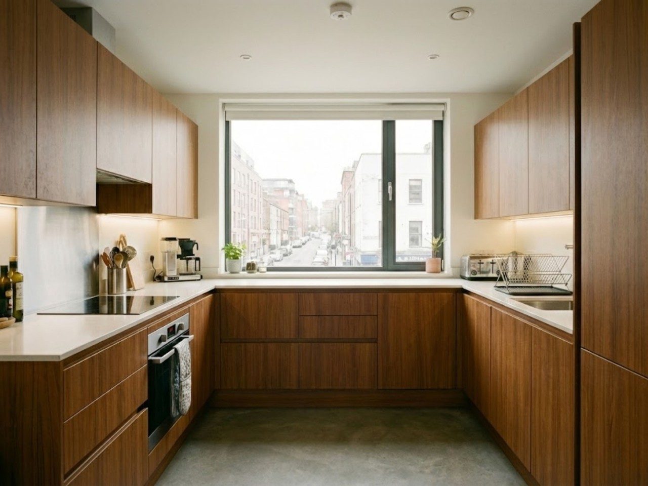 Bright kitchen with wooden cabinets and large window - Beautiful Homes