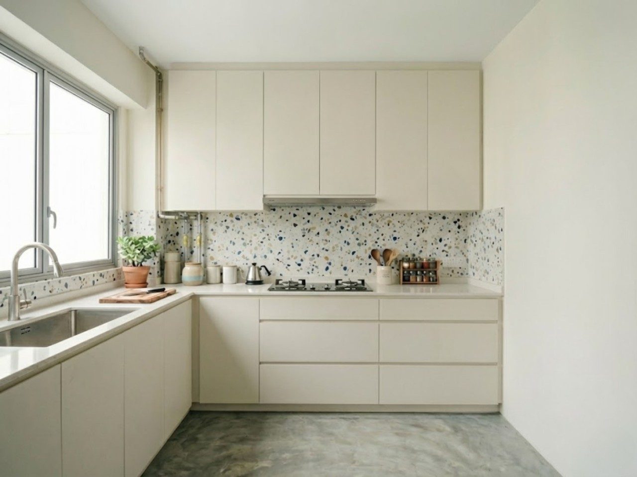Bright L Shaped Kitchen with Terrazzo Backsplash Bright kitchen with white cabinets and terrazzo backsplash - Beautiful Homes