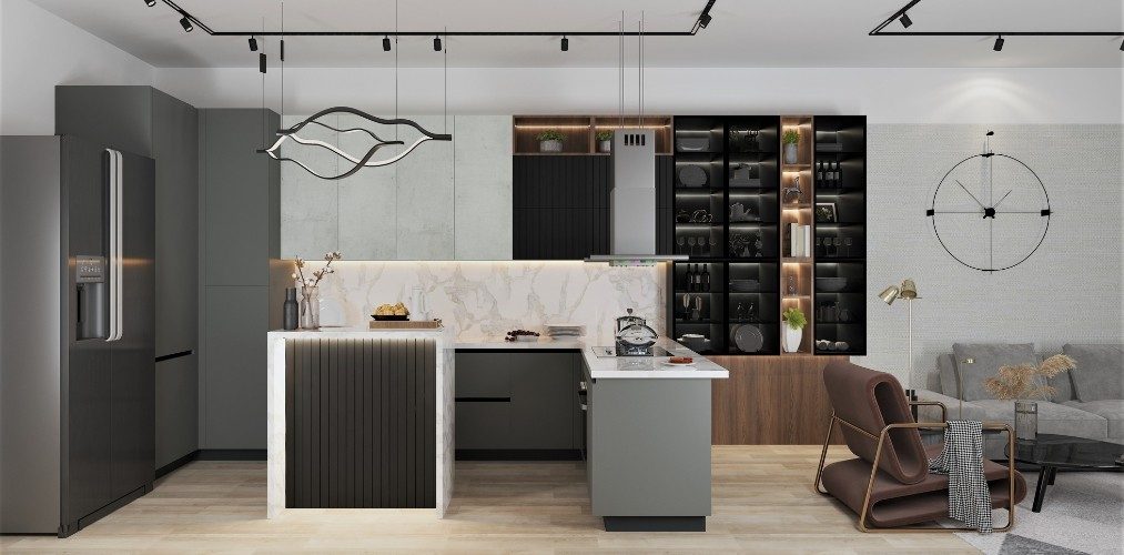 Open kitchen design with grey modular cabinets and white countertop Open kitchen design with grey modular cabinets and white countertop-Beautiful Homes