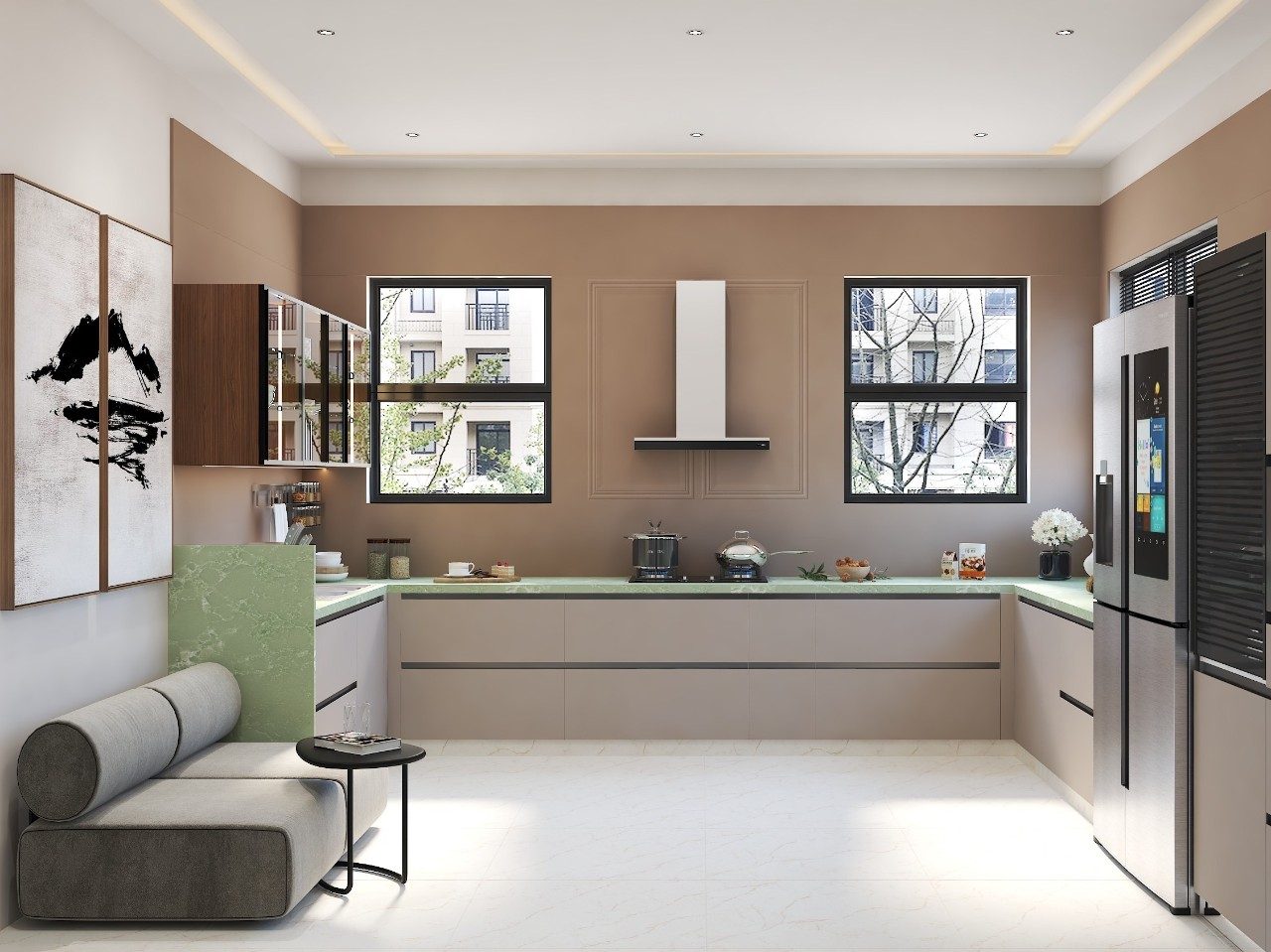 Contemporary Kitchen with Green Accents Open kitchen design with green countertop - Beautiful Homes