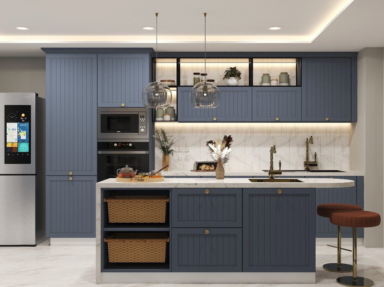 Modular kitchen with marble countertop and blue cabinetry Modern island kitchen with marble countertop and wicker baskets - Beautiful Homes