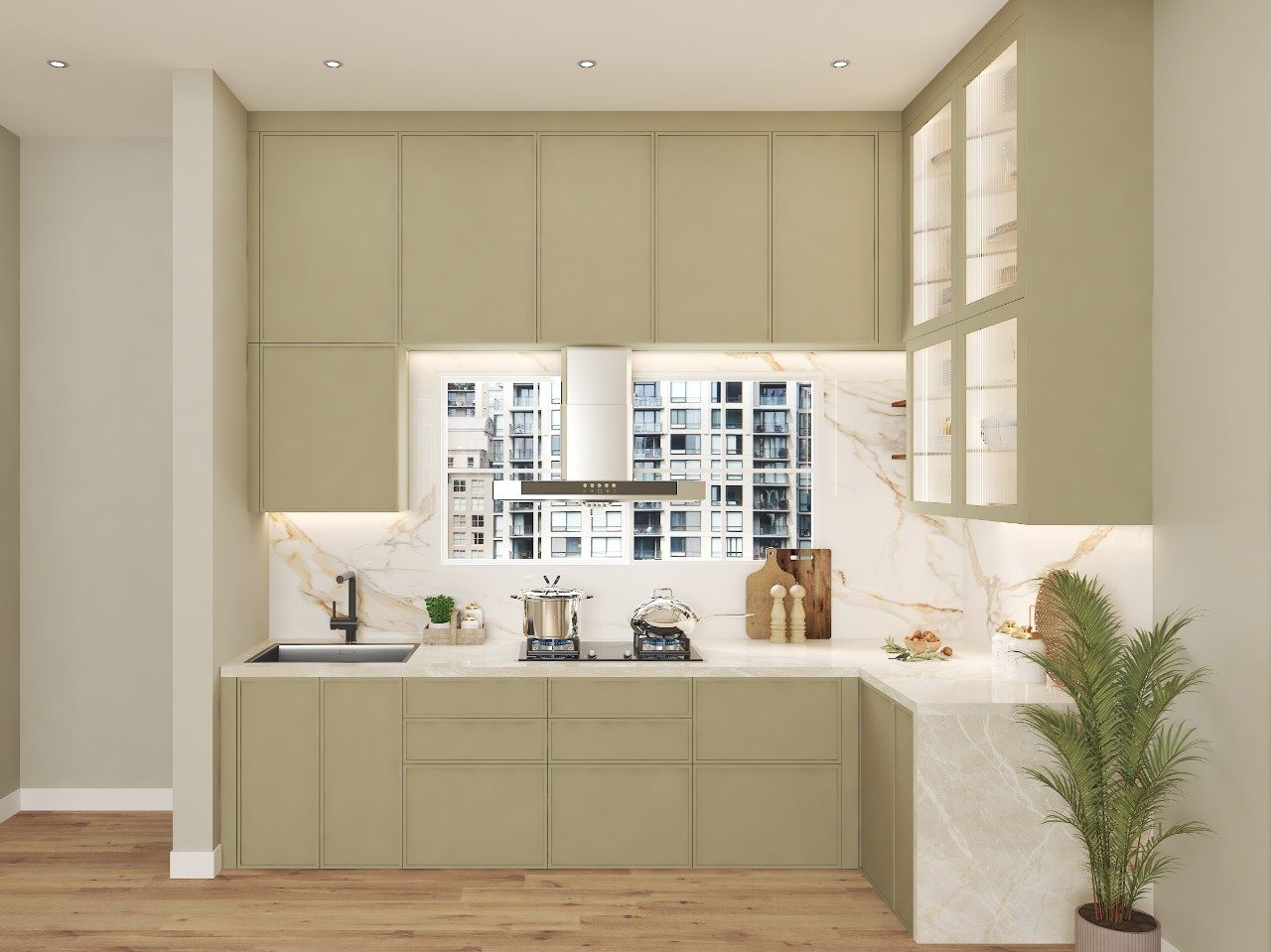 Modern Kitchen with Marble Countertops Contemporary L-shaped kitchen featuring olive green cabinets and marble backsplash - Beautiful Homes