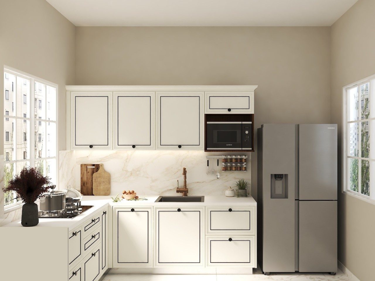 Modern Kitchen with White Cabinets Contemporary kitchen featuring marble countertops, and cream cabinets - Beautiful Homes
