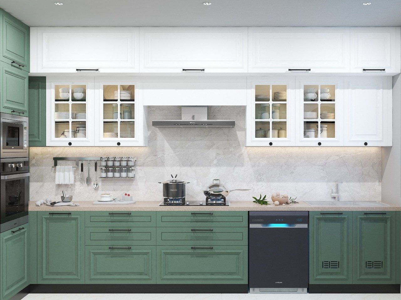 Elegant Kitchen with Green Cabinets Contemporary kitchen featuring white and green cabinets, marble backsplash, and stainless steel appliances - Beautiful Homes