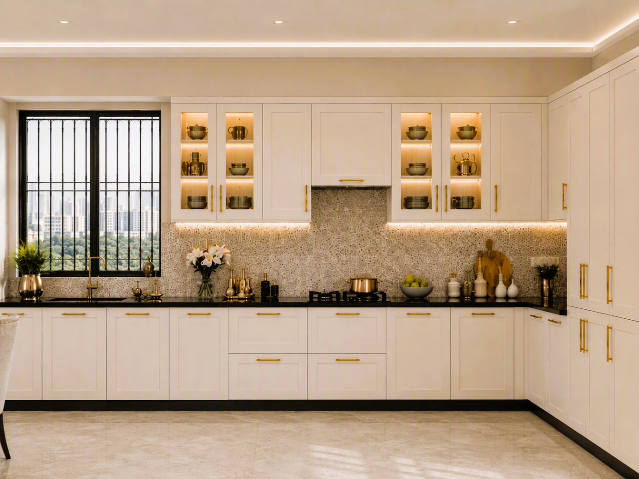 Classic White Shaker Modular Kitchen with Brass Handles and Glass Cabinets Bright L-shaped white shaker modular kitchen featuring brass handles, illuminated glass upper cabinets, and a textured backsplash - Beautiful Homes