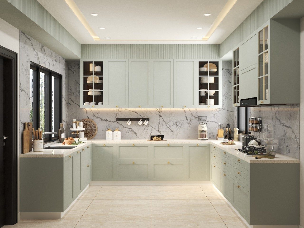U-Shaped Kitchen with Sage Cabinets U-shaped kitchen with sage green cabinets and marble backsplash - Beautiful Homes