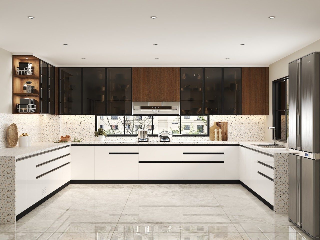 Modern Kitchen with Terrazzo Details Contemporary U-shaped kitchen featuring terrazzo countertops and glass cabinets - Beautiful Homes