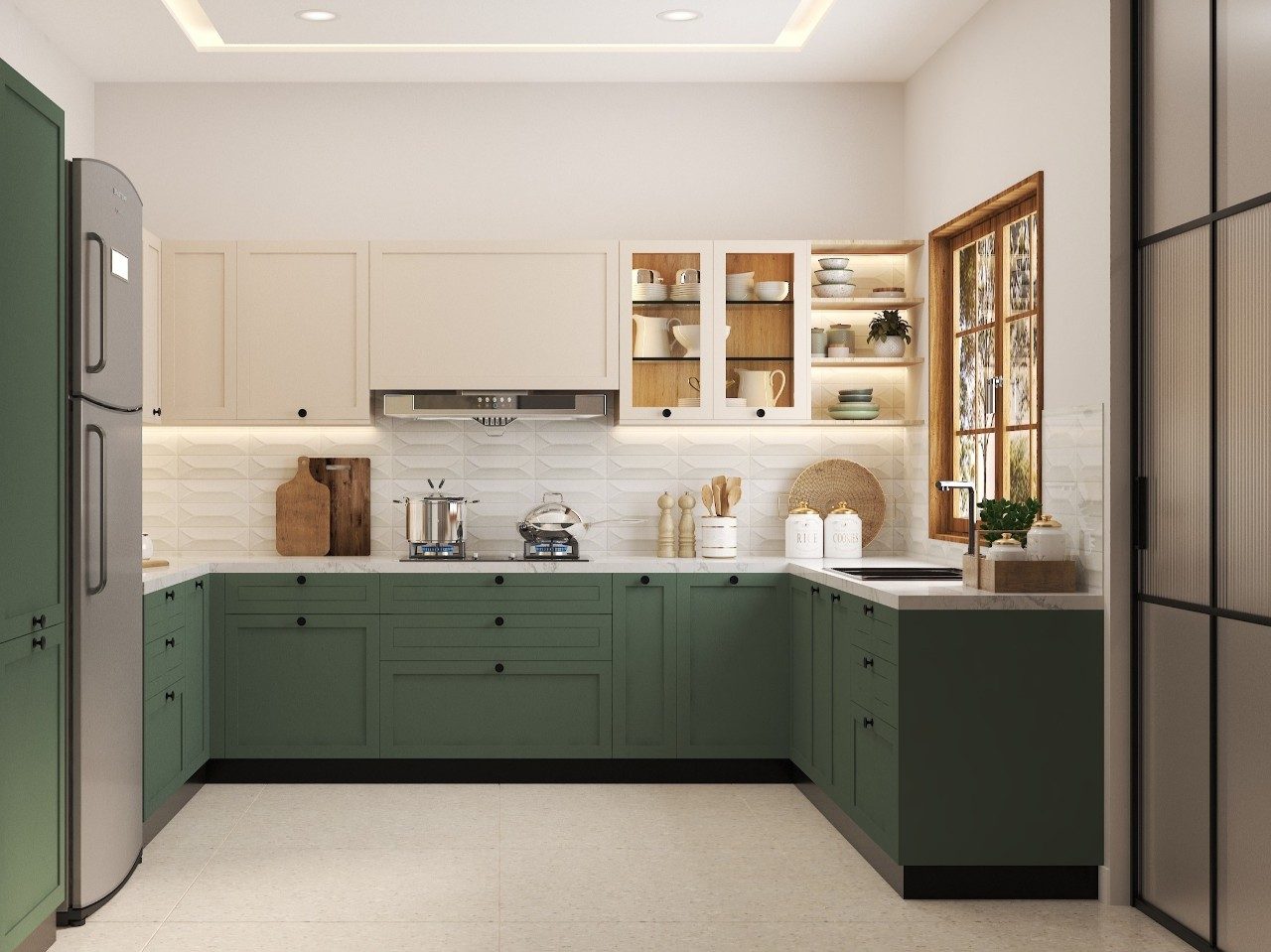 Modern Kitchen with Classic Touches Bright U-shaped kitchen featuring cream and green cabinets, geometric backsplash, and stainless steel appliances - Beautiful Homes