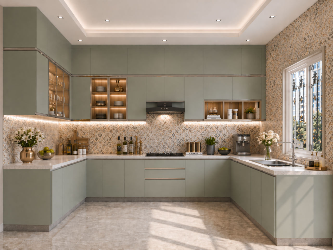 Elegant Sage Green Kitchen with Patterned Tile Charm U-shaped modular kitchen with sage green handleless cabinets, white stone countertops, and beige patterned mosaic backsplash - Beautiful Homes