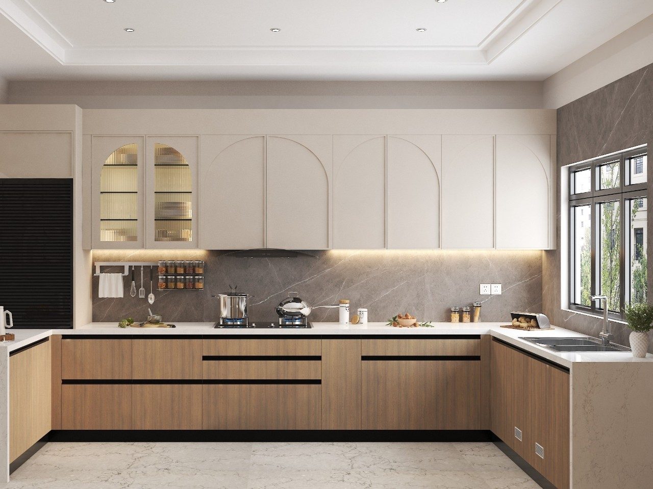 Modern Kitchen with Marble Backsplash Contemporary U-shaped kitchen featuring arched cabinets, wooden accents, and a marble backsplash - Beautiful Homes