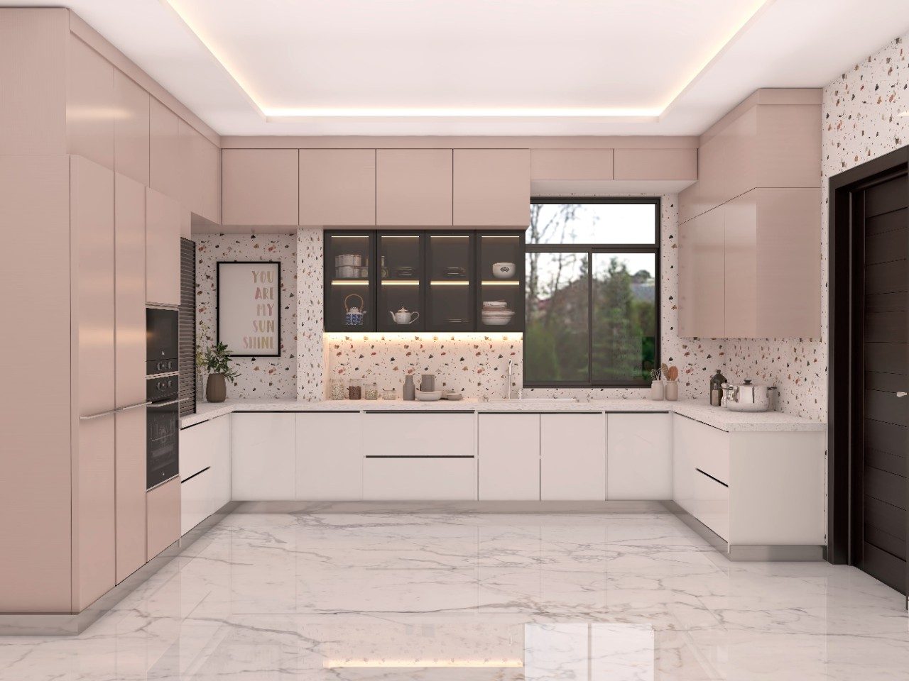 White and pink u-shaped kitchen with acrylic modular cabinets White and pink u-shaped kitchen with acrylic modular cabinets - Beautiful Homes