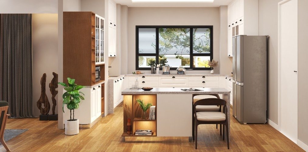 Design Ideas - 10 White kitchen design with granite countertop and wooden flooring-Beautiful Homes