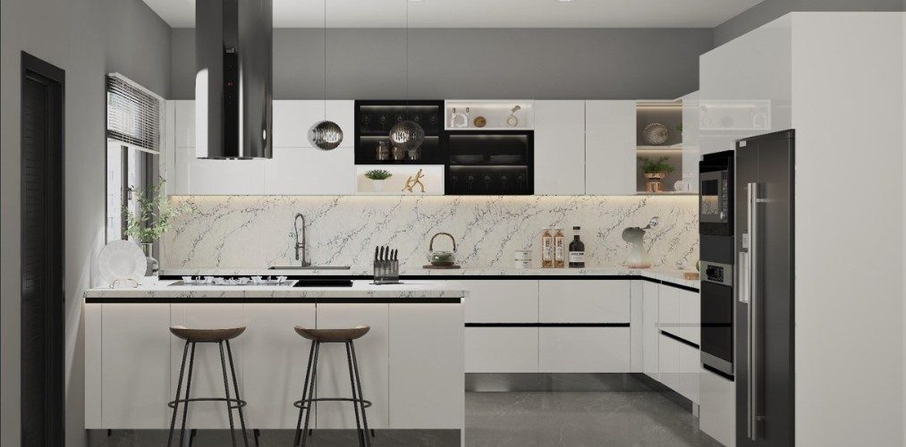 Design Ideas - 8 White kitchen with black accents and open shelves-Beautiful Homes