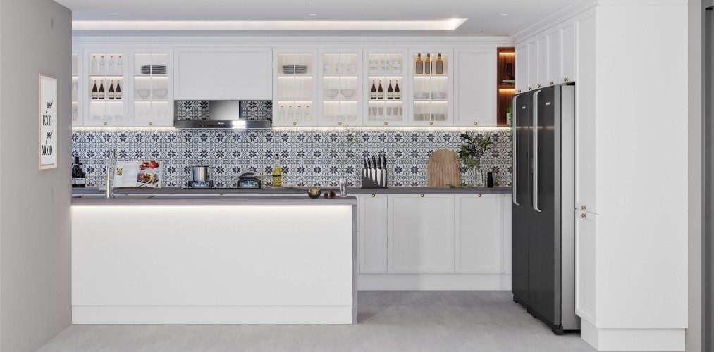 White kitchen with glass cabinets and blue patterned backsplash tiles White kitchen with glass cabinets and blue patterned backsplash tiles-Beautiful Homes