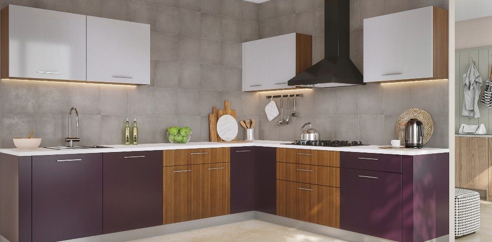 Wooden L shaped kitchen with purple & white cabinets Wooden L shaped kitchen with purple & white cabinets-Beautiful Homes