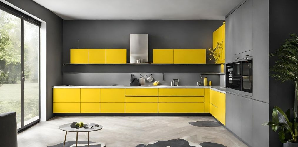 Yellow and grey l shaped modular kitchen Yellow and grey l shaped modular kitchen-Beautiful Homes