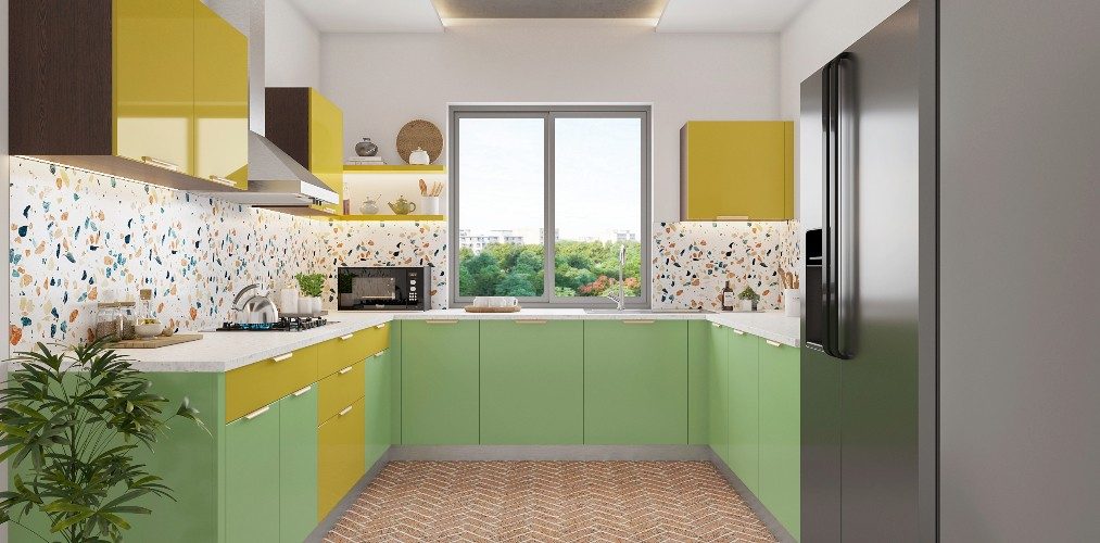 Yellow & green c shaped kitchen design with designer wall tiles & herringbone floor tiles Yellow & green c shaped kitchen design with designer wall tiles & herringbone floor tiles-Beautiful Homes