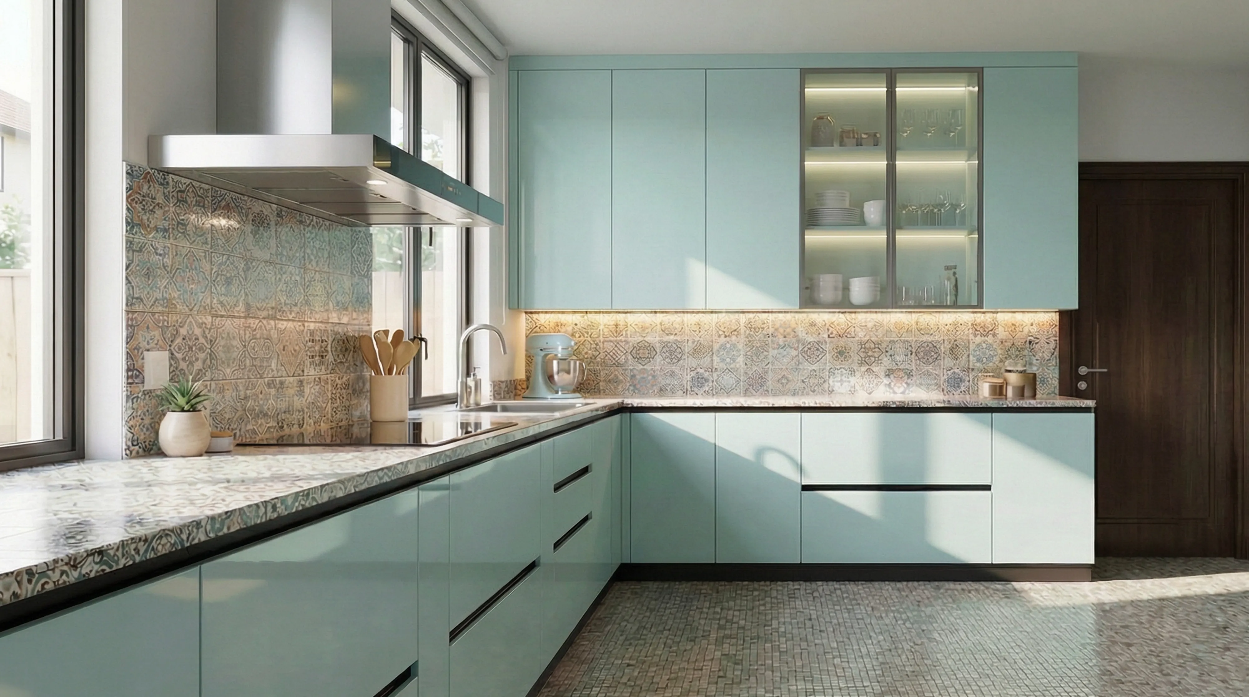 Modern L-Shaped Kitchen with Matt Mint Green Cabinets