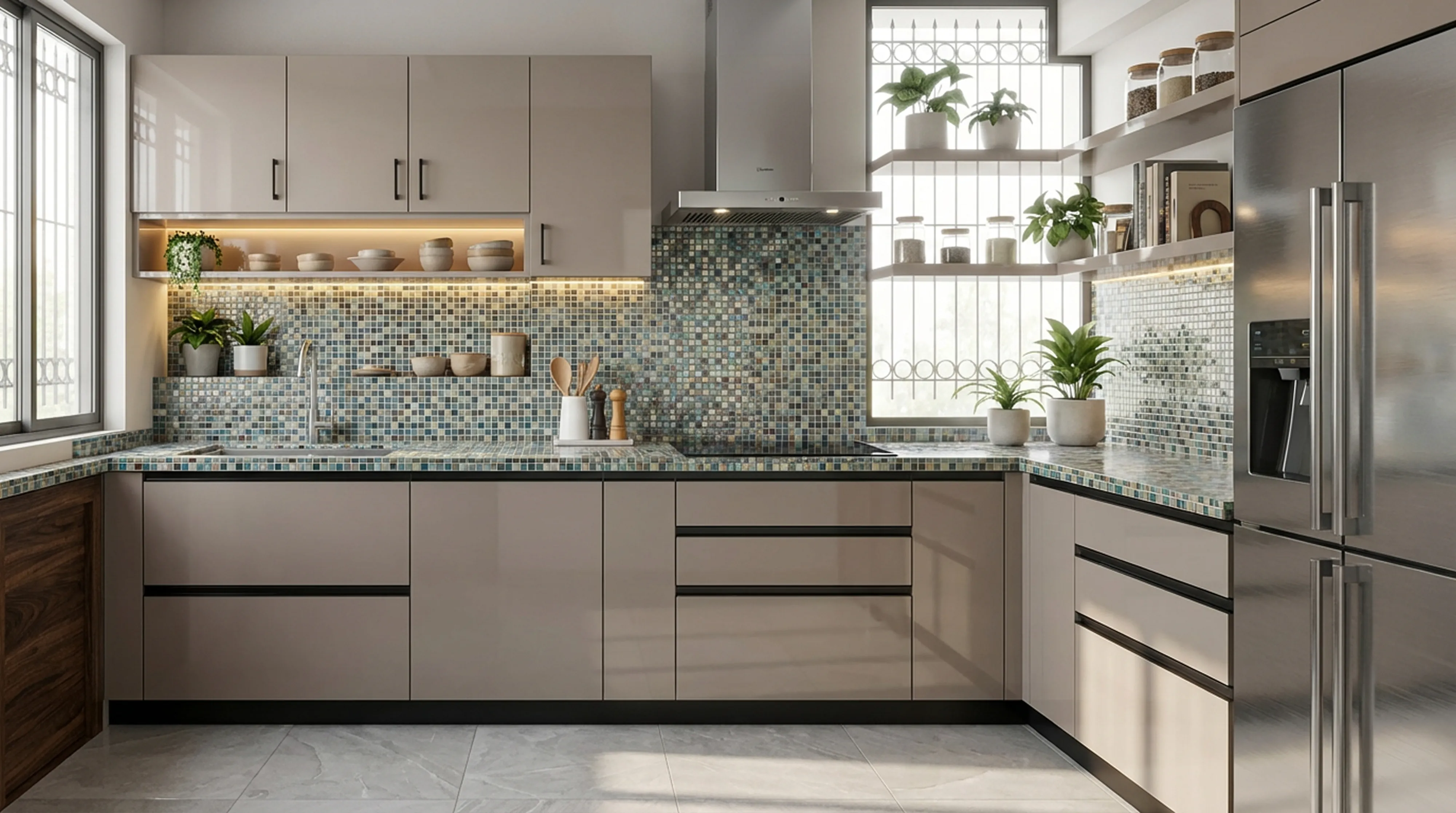 Luxury L-Shaped Kitchen with Matt Silver PU Cabinets