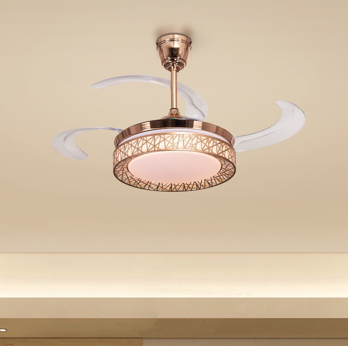 Radiant (112 cm Span, Gold Finish Metal Body, Transparent Plastic Blades) Dimmable LED With Remote Control Chandelier Ceiling Fan