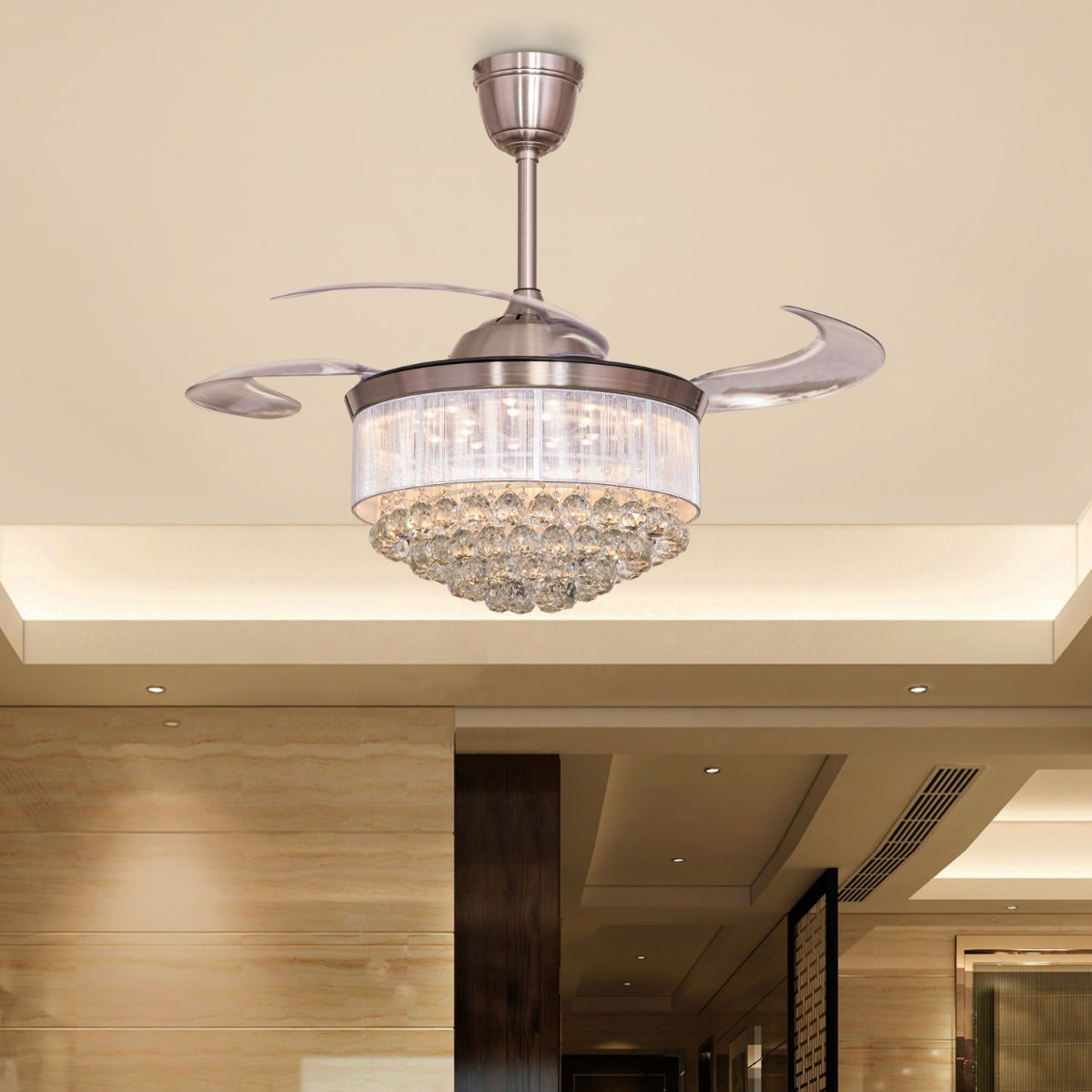 Drop Dead Gorgeous (112 cm Span, Chrome Finish Metal Body With Silver Shade, Transparent ABS) Dimmable LED With Remote Control Crystal Chandelier Ceiling Fan