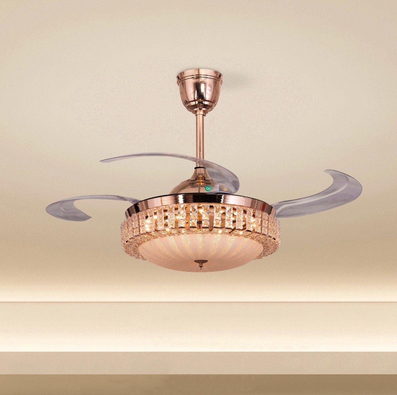 Fly Far (112 cm Span, French Gold Finish Metal Body, Transparent ABS) Dimmable LED With Remote Control Crystal Chandelier Ceiling Fan