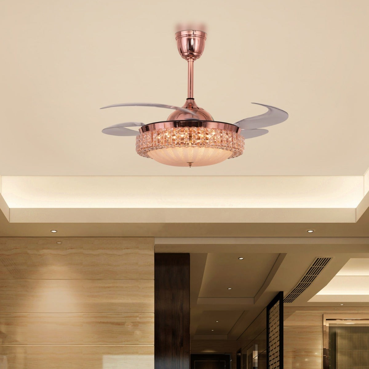 Fly Far (112 cm Span, Rose Gold Finish Metal Body, Transparent ABS Plastic) Dimmable LED With Remote Control Crystal Chandelier Ceiling Fan