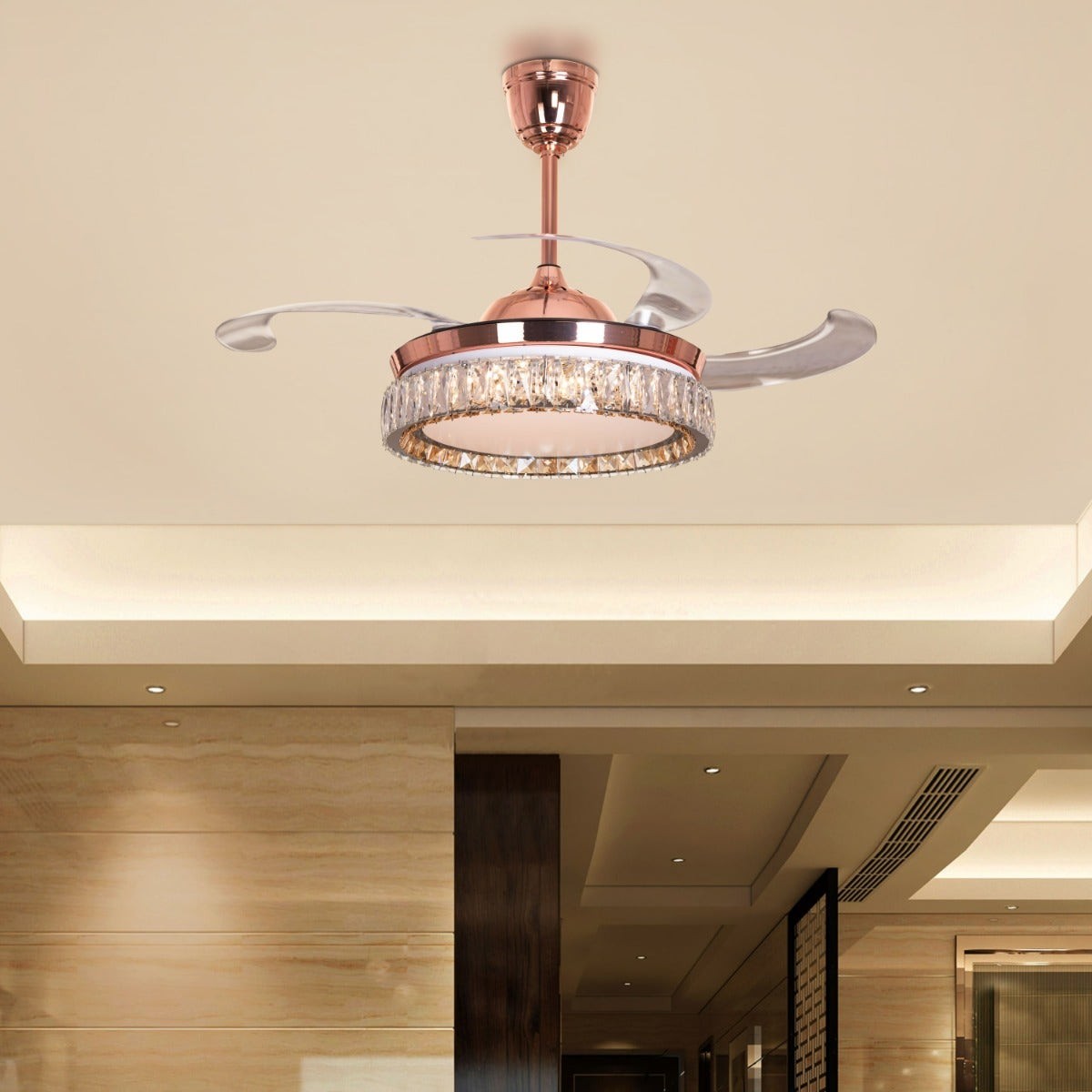 Through The Fire (112 cm Span, Rose Gold Finish Metal Body, Transparent ABS Plastic) Dimmable LED With Remote Control Ceiling Fan