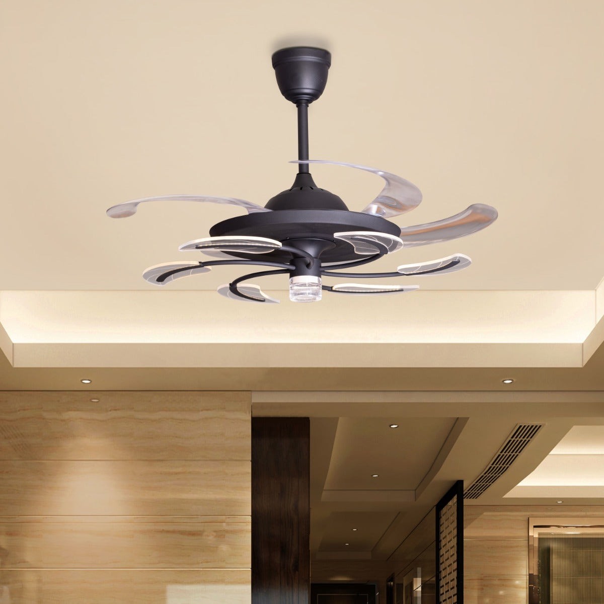 Payday (102 cm Span, Black Finish Metal Body, Transparent ABS Blades) Dimmable LED With Remote Control Chandelier Ceiling Fan