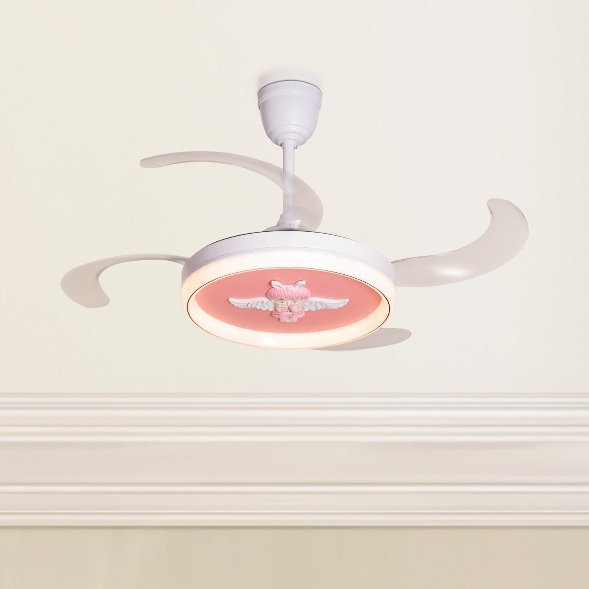 Angel Face (Kid's Room 112 cm Span, White Finish Metal Body, Clear Finish ABS Blades) Dimmable LED with Remote Control Ceiling Fan