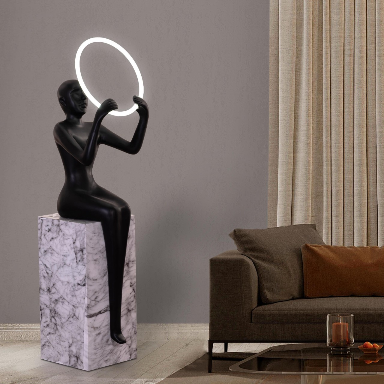 Thinking Of Forever (White, Black, 3 Color Built-In LED) Marble Floor Lamp