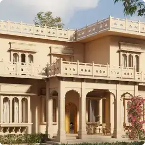 Cream heritage mansion with arches and balconies