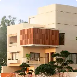 Modern home with a beige exterior and wooden slat panel