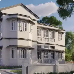White colonial-style heritage house with bay windows