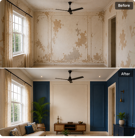 Before and after: living room walls repaired and painted with blue accent panels