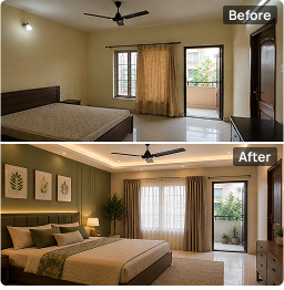 Before and after: bedroom with a sage green feature wall