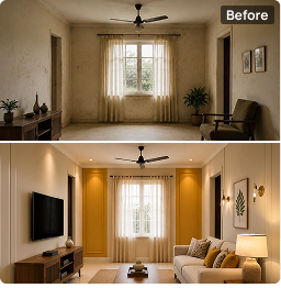 Before and after: living room with mustard yellow accent panels
