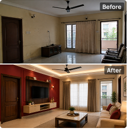 Before and after: living room with a red accent wall and ceiling lights
