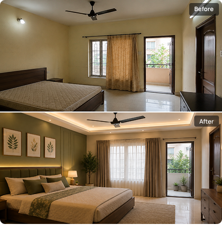 Before and after: bedroom with a sage green feature wall
