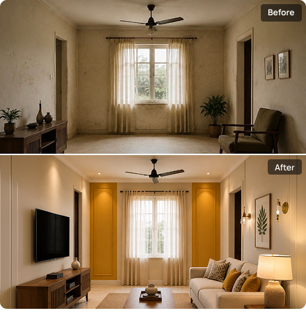 Before and after: living room with mustard yellow accent panels