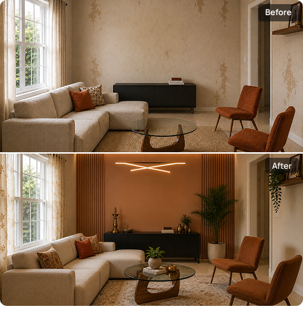 Before and after: living room makeover with a terracotta feature wall